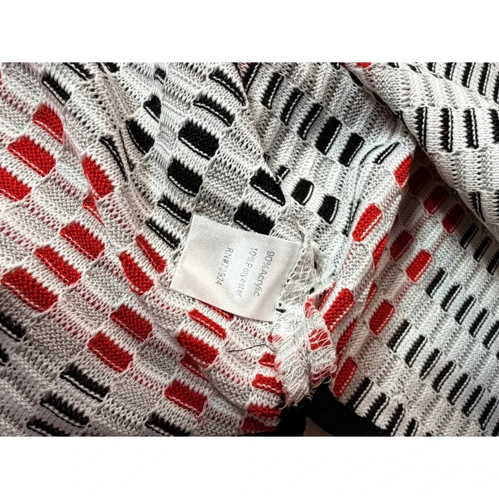 Ming Wang Red Black White Geometric Knit Open Front Jacket Cardigan Women's‎ M